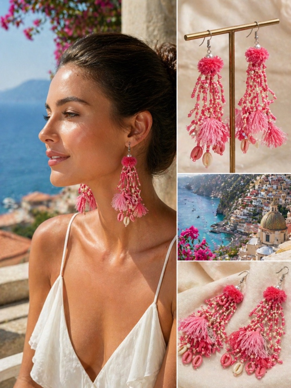 💕 Luxury Pink Tassel Statement Earrings – Coastal Chic / Italian Riviera Vibes